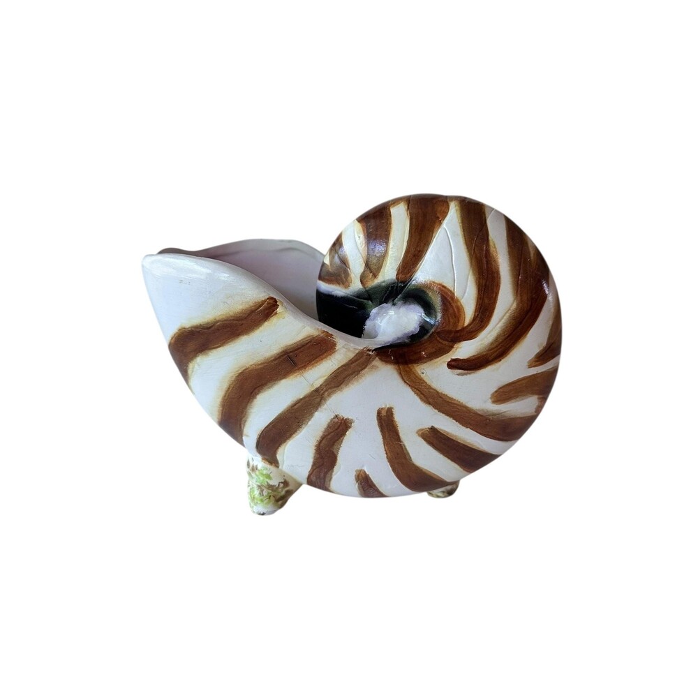 Vintage Coastal Nautilus Shell Planter | Brown Stripe Ceramic Seashell Vase |
